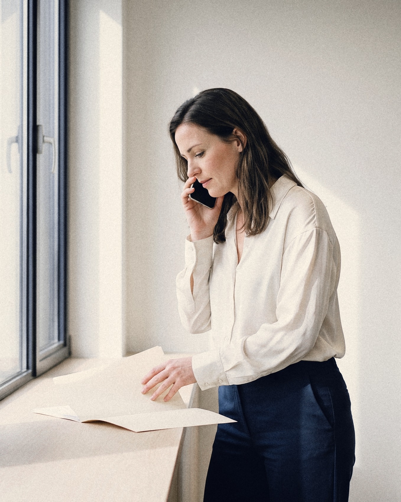 A recruiter by a window on a phone call, one hand on an open candidate file