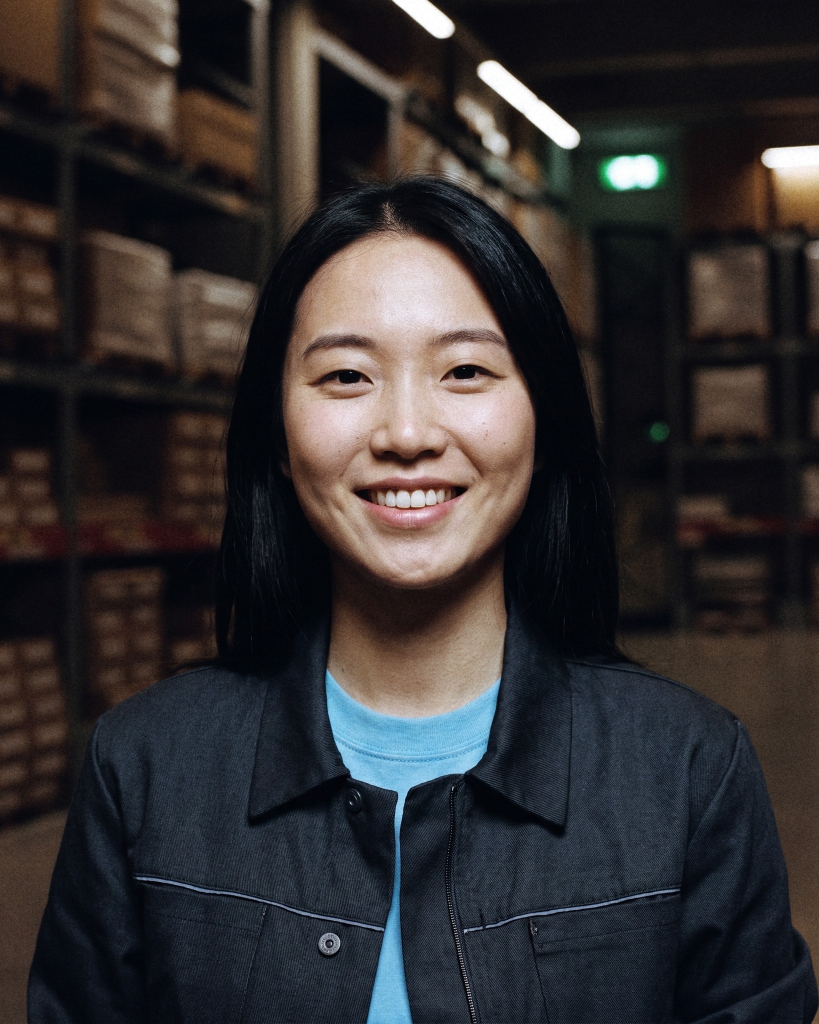 Een lachende vrouw met steil zwart haar in een donkerblauw werkjack in een magazijn