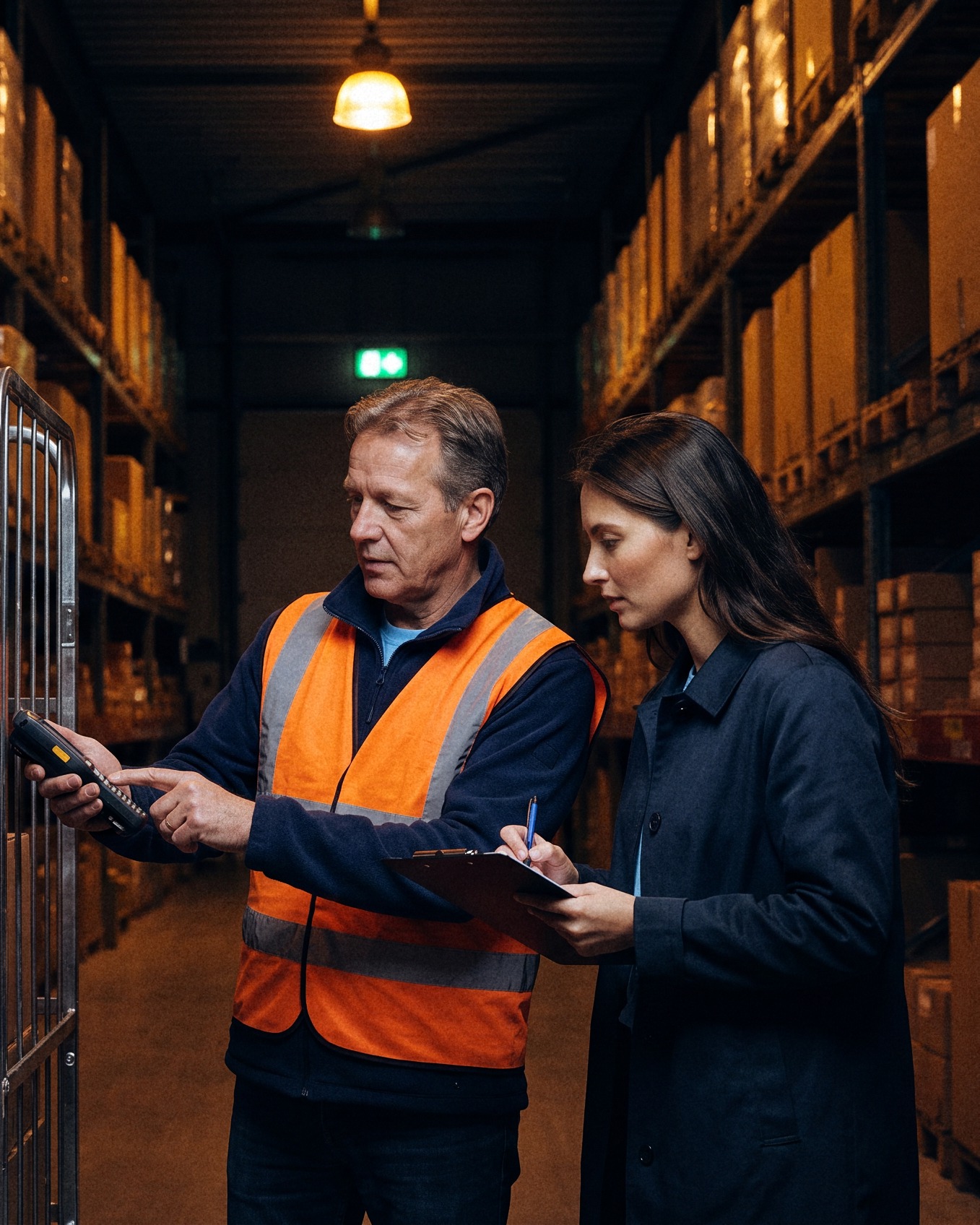 Een leidinggevende op locatie laat een scanner op een rolcontainer zien aan een intercedent die aantekeningen maakt