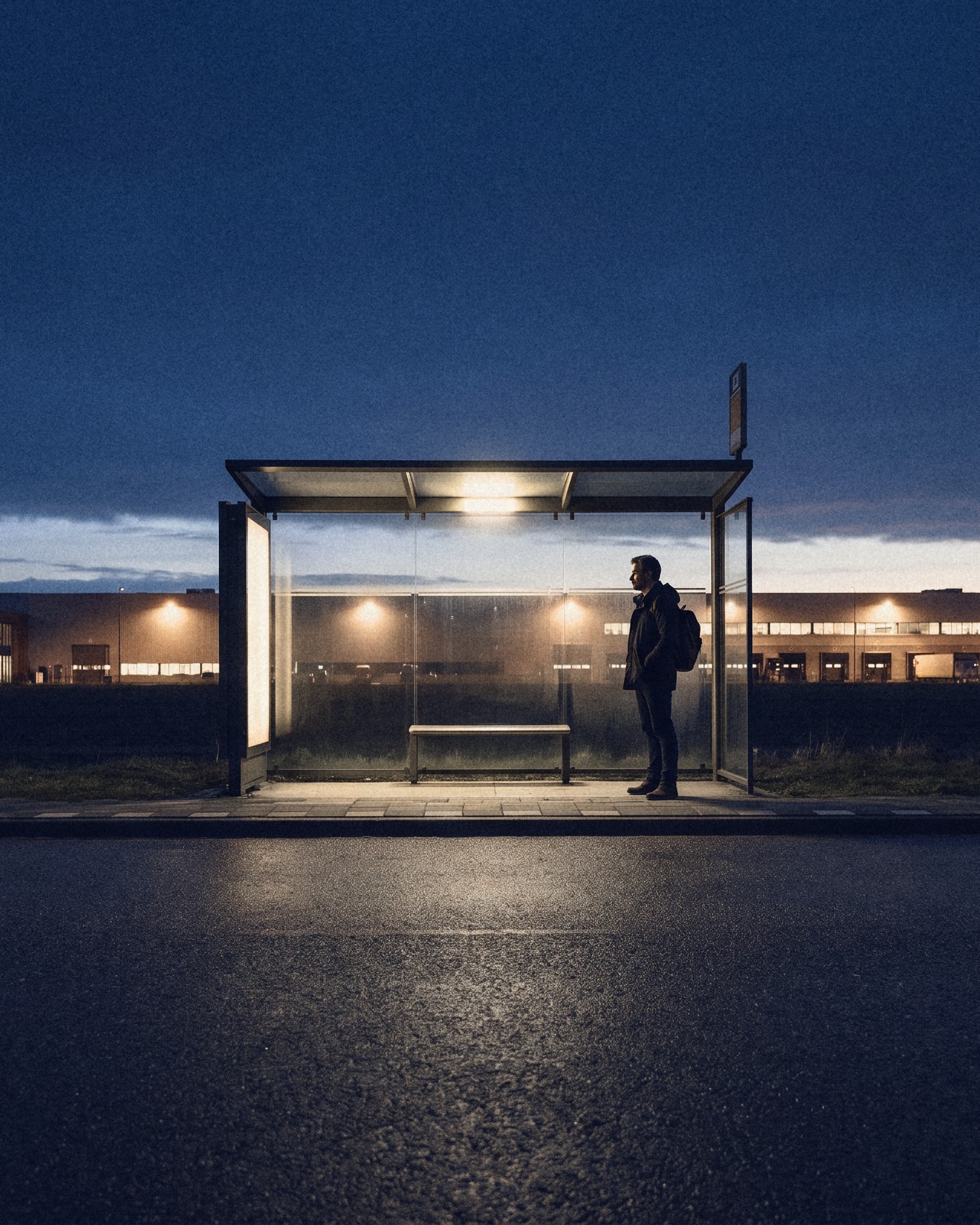 A man waiting alone at a bus stop on an industrial estate before dawn, a distribution centre in the distance