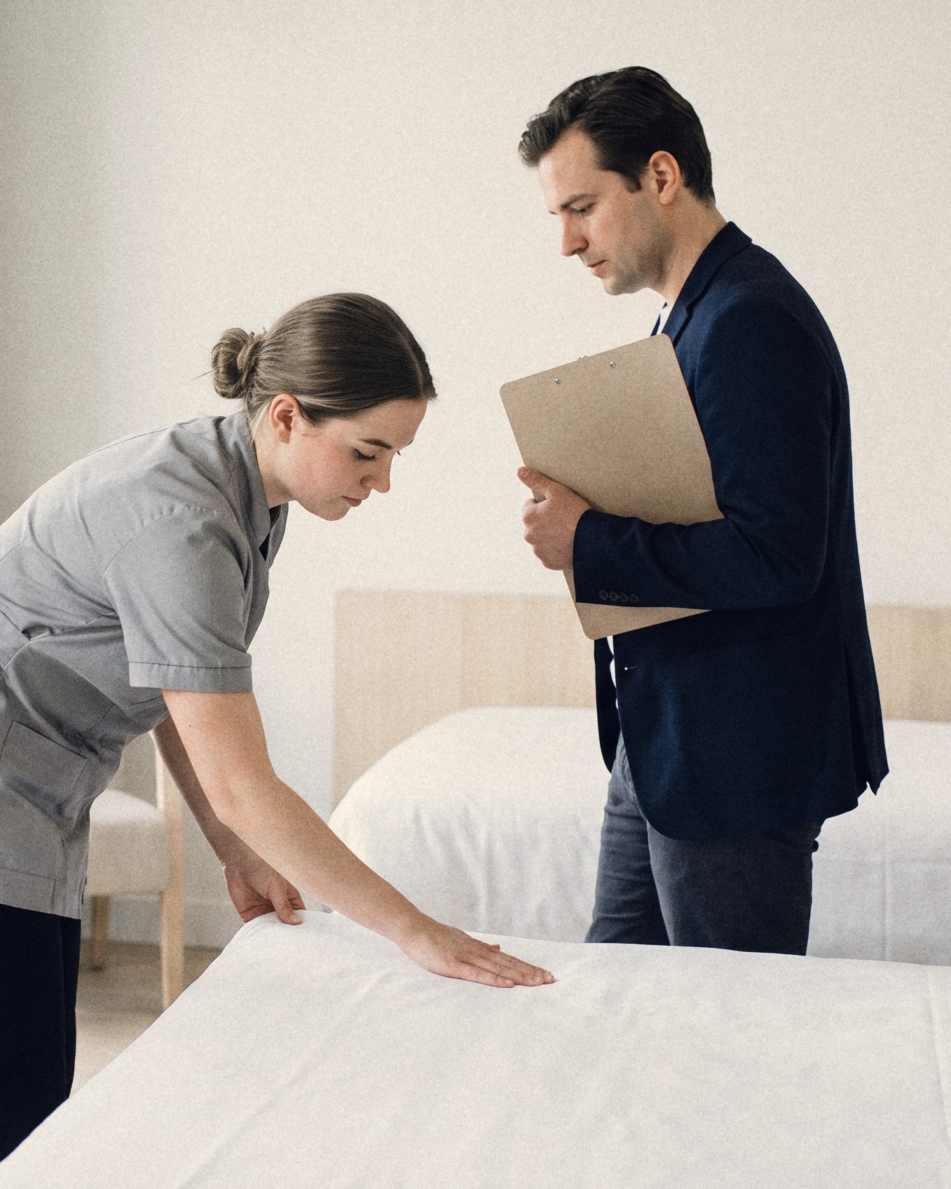 A housekeeping candidate making a hotel bed on a trial shift while a supervisor with a clipboard watches