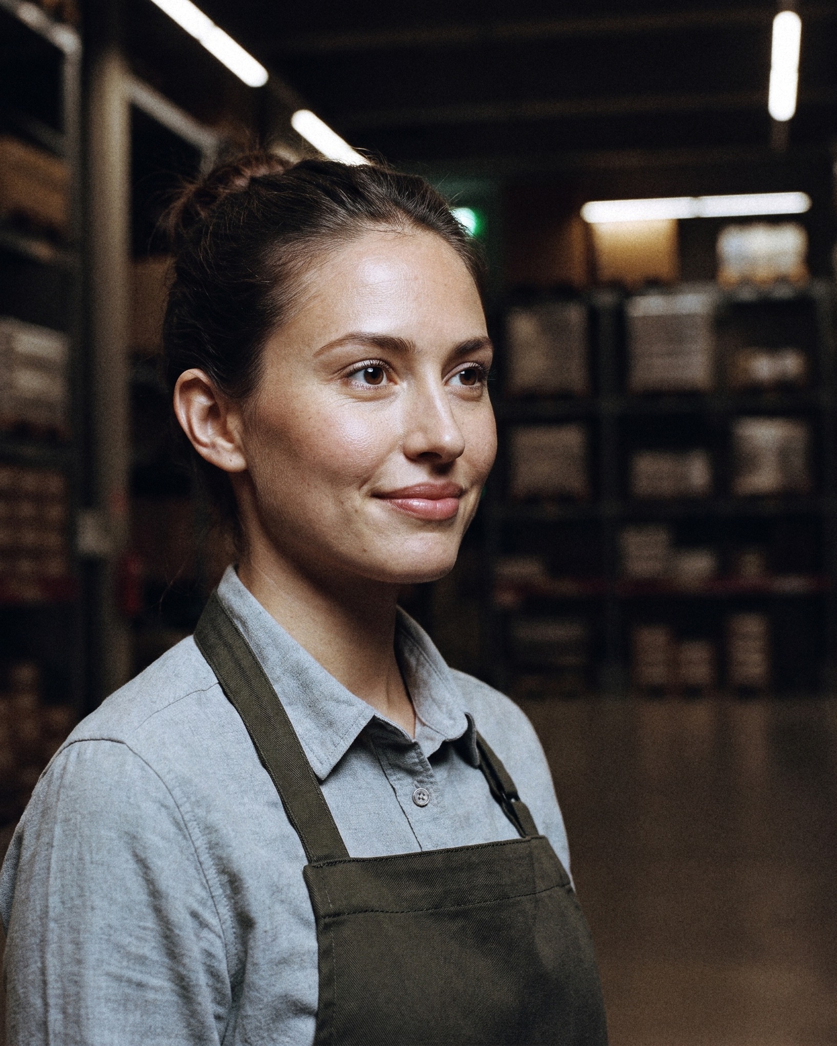 A woman with her hair in a bun, in a grey shirt and a work apron, in a warehouse