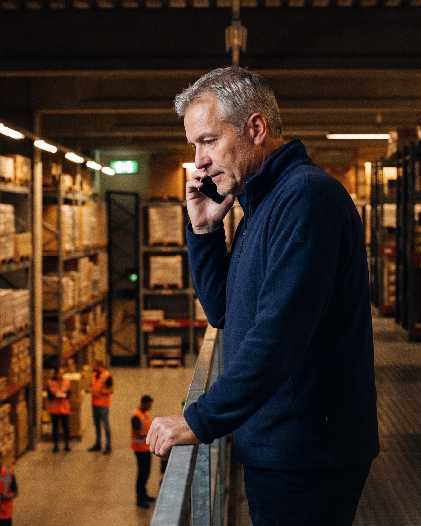 Een leidinggevende aan de telefoon bij de reling van een tussenvloer boven een magazijn bij nacht
